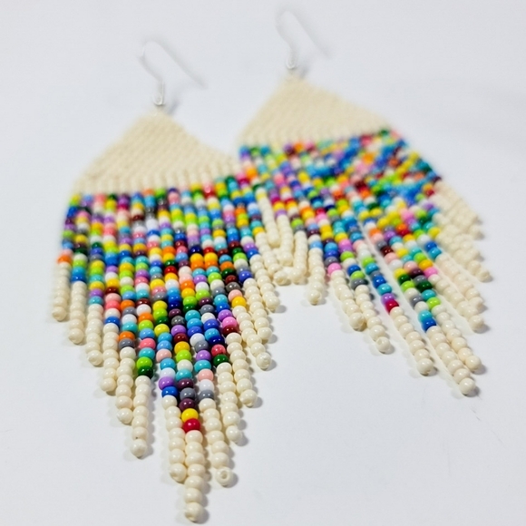 Handmade Seed Bead Fringe Earrings "Pixelated Rainbow in Ivory" - Picture 3 of 6